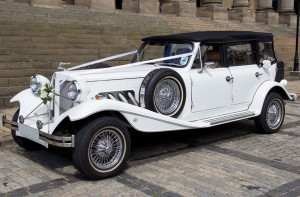 White Vintage Styled Beauford Tourer Wedding Car